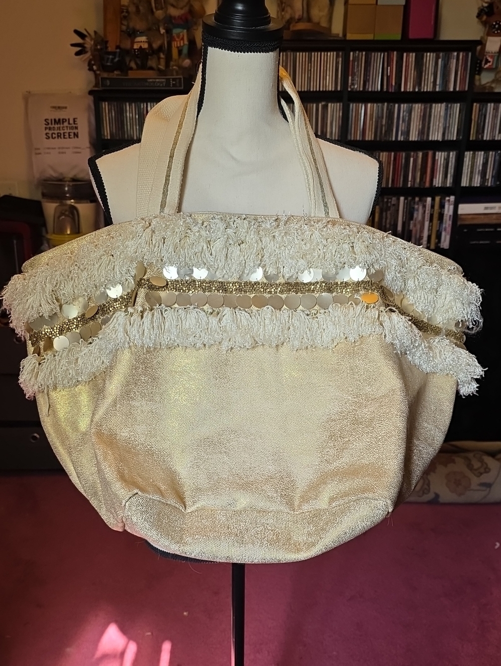 Anthropologie Gold Fringe Sequin Tote